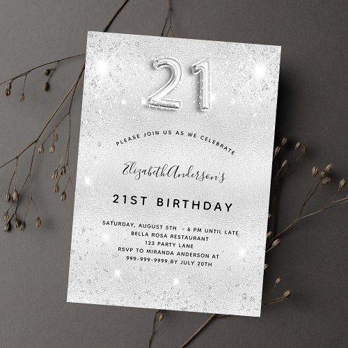 21st birthday silver metal glitter dust glam invitation