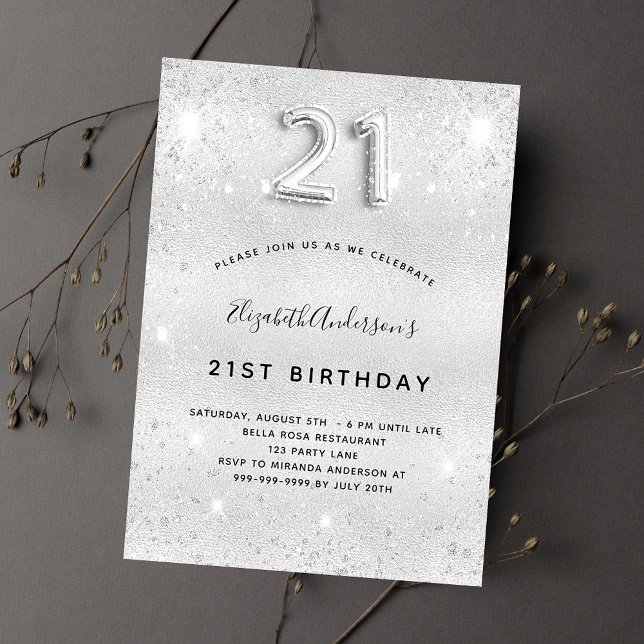 21st birthday silver metal glitter dust glam invitation postcard (Creator Uploaded)