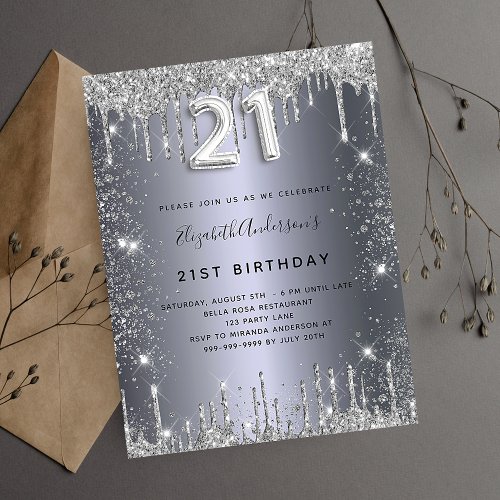 21st birthday silver metal glitter dust glam invitation postcard