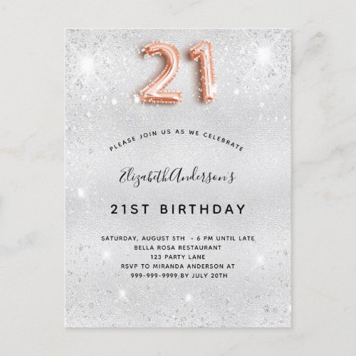 21st birthday silver metal rose gold glitter dust invitation postcard