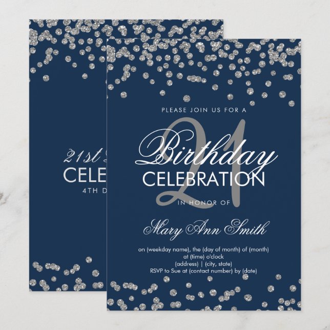 21st Birthday Silver Navy Blue Glitter Confetti Invitation (Front/Back)