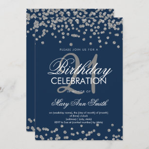 21st Birthday Silver Navy Blue Glitter Confetti Invitation