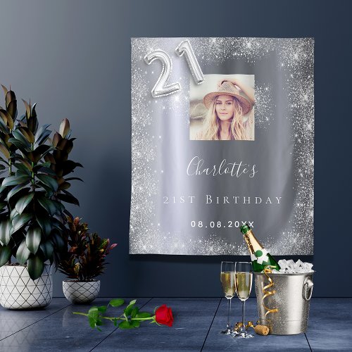 21st birthday silver photo glitter welcome tapestry