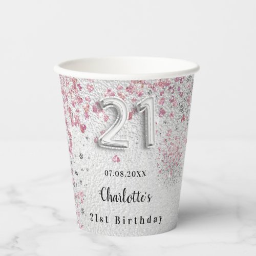 21st birthday silver pink glitter name paper cups