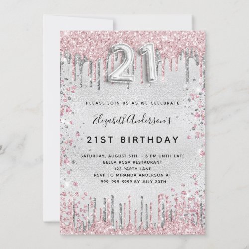 21st birthday silver pink metal glitter dust invitation
