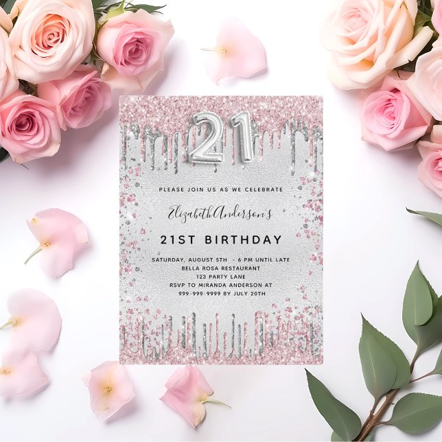 21st birthday silver pink metal glitter dust invitation postcard (Creator Uploaded)