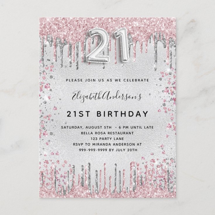 21st birthday silver pink metal glitter dust invitation postcard | Zazzle