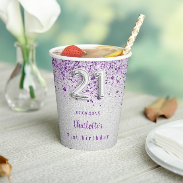21st birthday silver purple glitter name paper cups (Insitu)