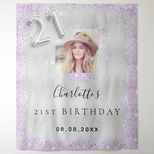 21st birthday silver purple glitter photo welcome tapestry