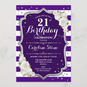 21st Birthday - Silver Purple White Stripes Roses Invitation