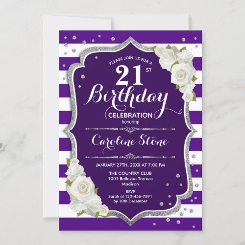 21st Birthday _ Silver Purple White Stripes Roses Invitation