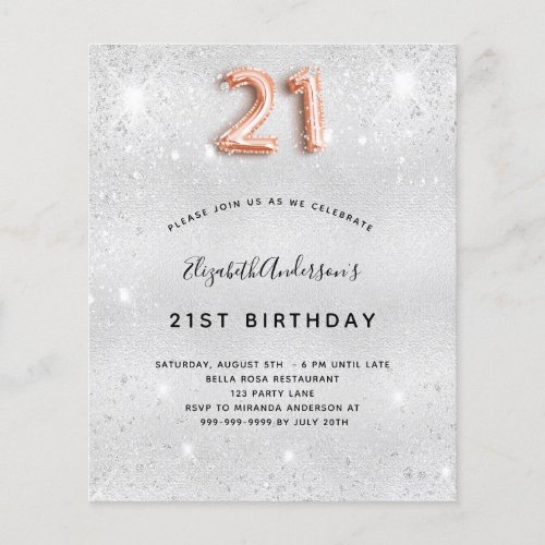 21st birthday silver rose gold glitter invitation