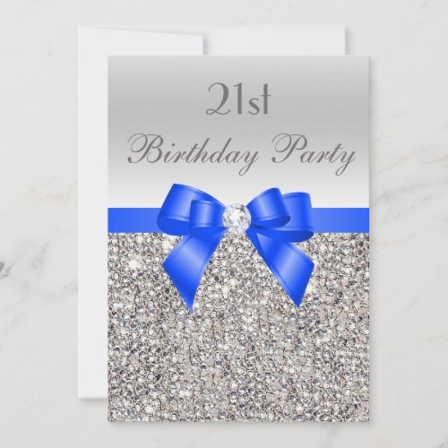 21st Birthday Silver Sequin Royal Blue Bow Diamond Invitation