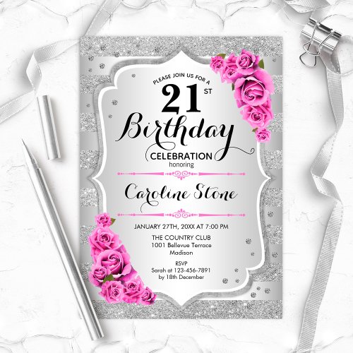 21st Birthday _ Silver Stripes Pink Roses Invitation
