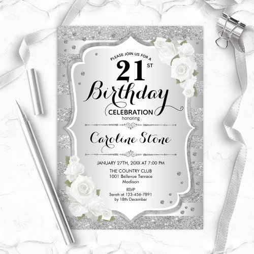 21st Birthday _ Silver Stripes White Roses Invitation
