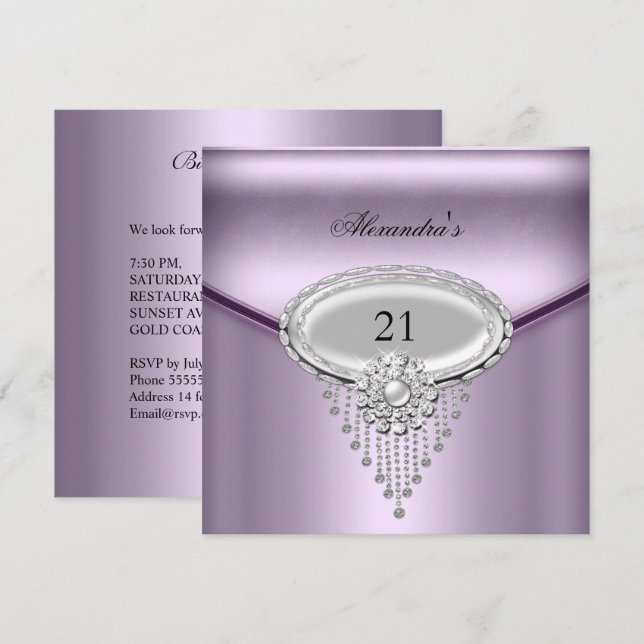 21st Birthday Silver White Lilac Jewel Image Invitation (Front/Back)