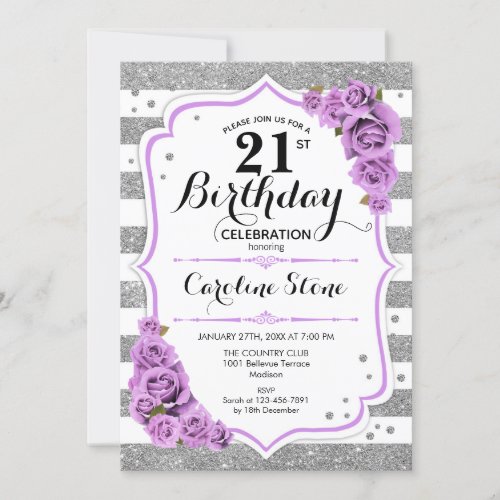 21st Birthday _  Silver White Stripes Purple Roses Invitation