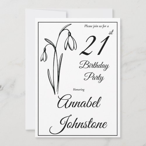21st Birthday Snowdrop Floral Black And White Invitation