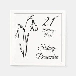 21st Birthday Snowdrop Floral Black And White Napkins