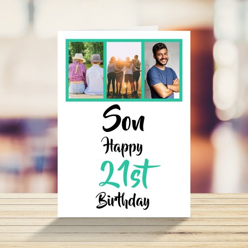 21st Birthday Son Green Modern Photo Collage Card