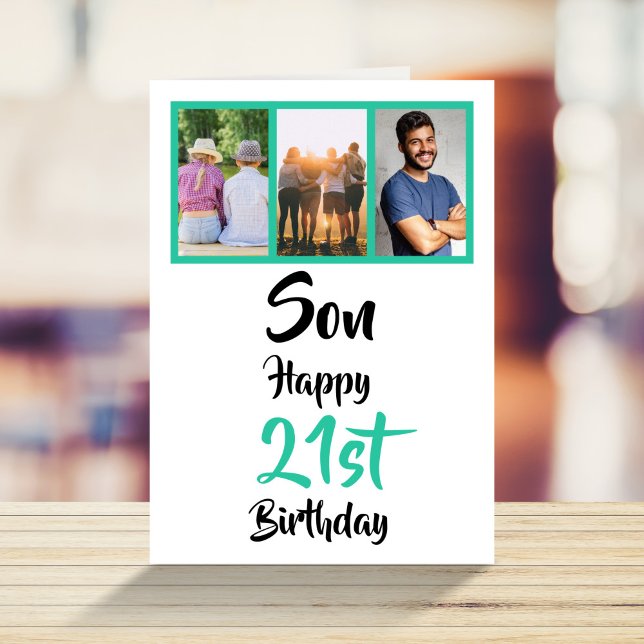 21st Birthday Son Green Modern Photo Collage Card (Creator Uploaded)