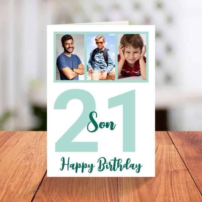 21st Birthday Son Modern Script Photo Collage Card (Creator Uploaded)