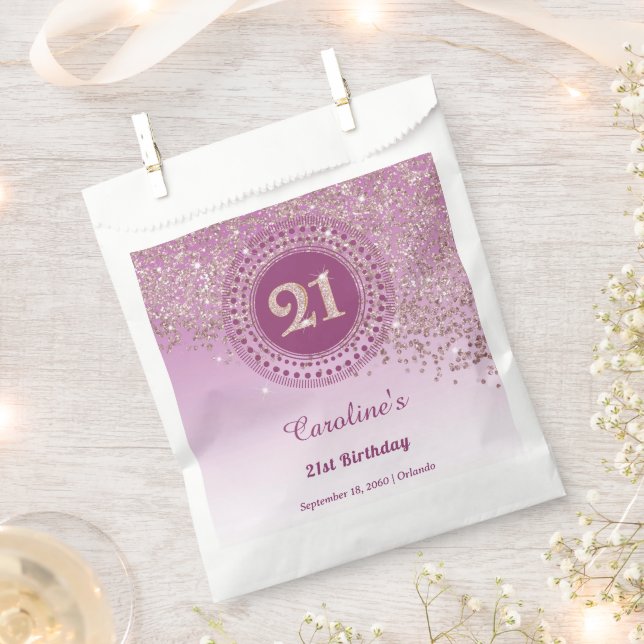 21st Birthday | Sparkling Rose Gold Glitter Favor Bag (Clipped)