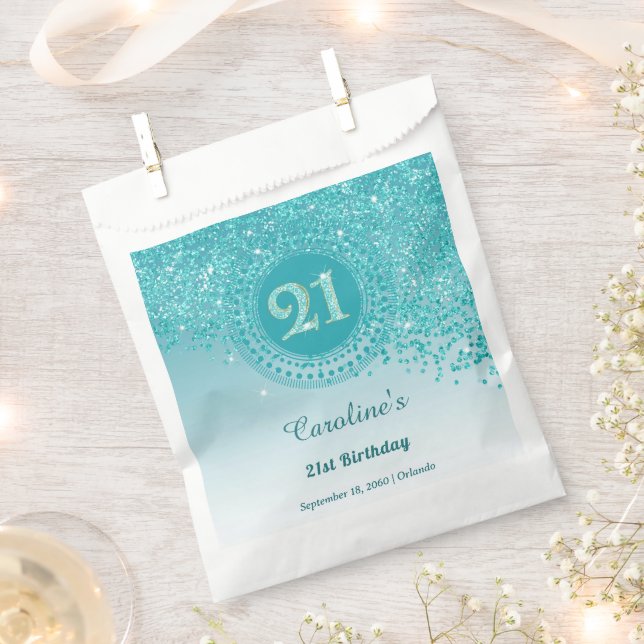 21st Birthday | Sparkling Teal Blue Gold Glitter Favor Bag (Clipped)
