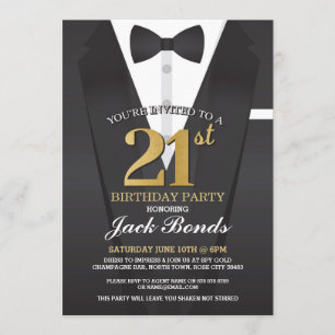 21st Birthday Spy Suit Black tie Gold Invitation