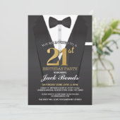 21st Birthday Spy Suit Black tie Gold Invitation (Standing Front)