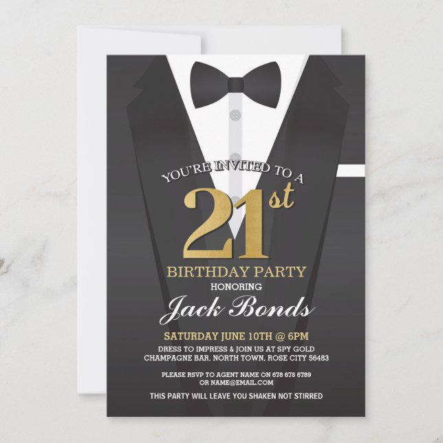 21st Birthday Spy Suit Black tie Gold Invitation (Front)
