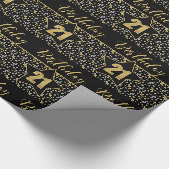 21st Birthday Star on Black with Silver Gold Wrapping Paper (Corner)