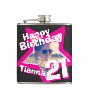 21st birthday star photo girls hip flask