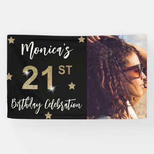 21st Birthday Stars Photo Gold Party Banner