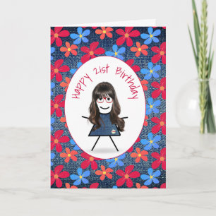 21st Birthday Stick Girl and Daisies On Denim  Card