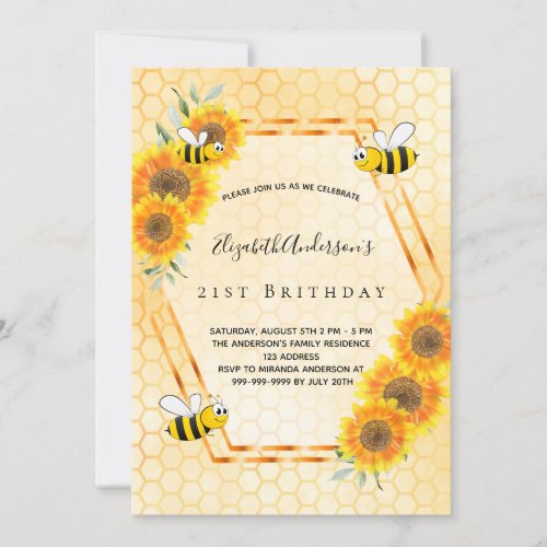 21st birthday sunflowers yellow bumble bees invitation