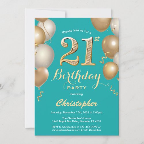 21st Birthday Teal and Gold Balloons Confetti Invitation