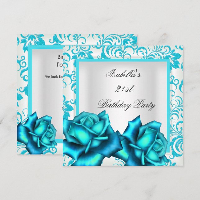 21st Birthday Teal Blue Floral Rose White Invitation (Front/Back)