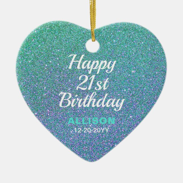 21st Birthday Teal Blue Glitter Personalized Ceramic Ornament (Front)