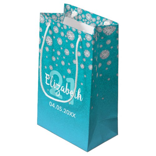 21st birthday teal blue green glitter name diamond small gift bag