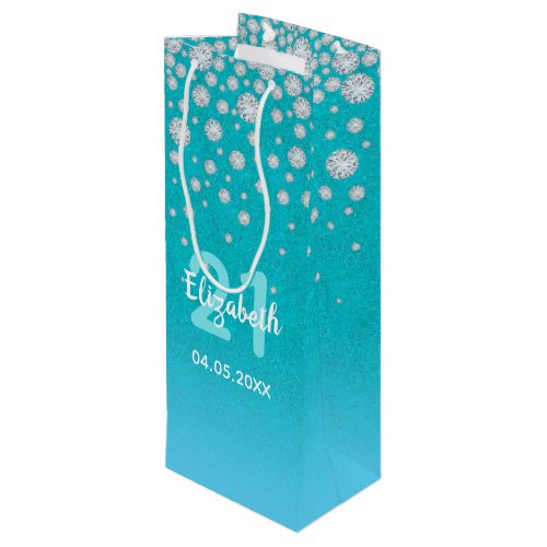 21st birthday teal blue green glitter name wine gift bag
