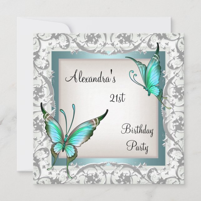 21st Birthday Teal Floral Butterfly Silver White Invitation (Front)