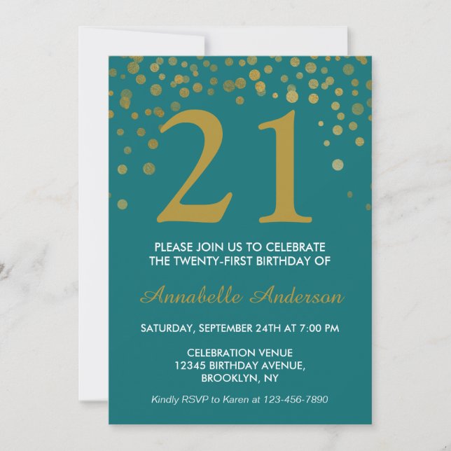 21st Birthday Teal Gold Confetti Dot Glam Chic Invitation (Front)