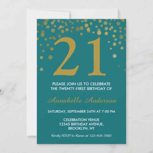 21st Birthday Teal Gold Confetti Dot Glam Chic Invitation