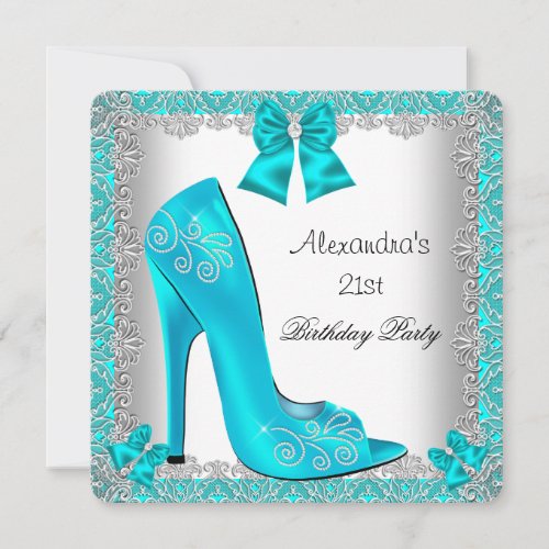21st Birthday Teal High Heel Shoe Silver Lace Invitation