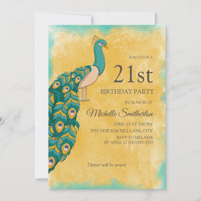 21st Birthday Teal Yellow Watercolor Peacock Invitation (Front)