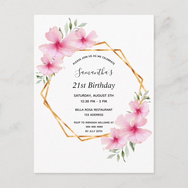 21st birthday tropical geometric pink invitation postcard (Front)