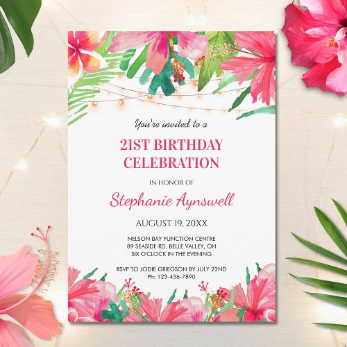 21st Birthday Tropical String Lights Hawaiian Invitation