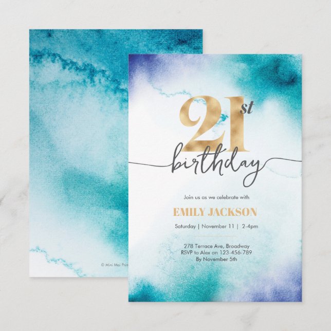 21st birthday Turquoise watercolor gold invitation (Front/Back)