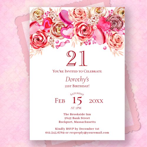 21st Birthday Valentine Pink Rose Swirly Heart Invitation